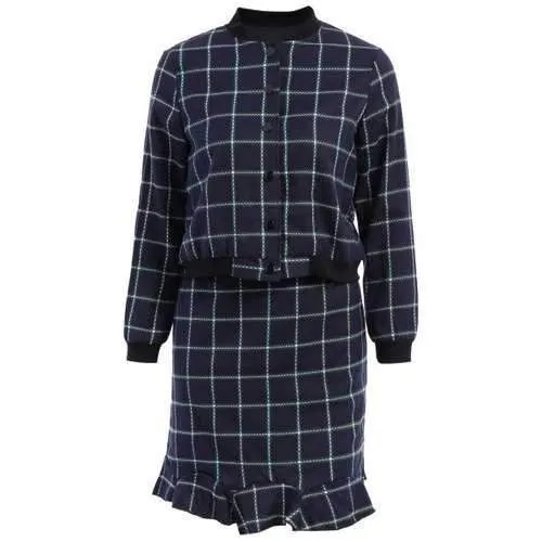 Fashionable Stand-Up Collar Plaid Long Sleeve Coat   Skirt For Women - Cadetblue M