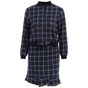 Fashionable Stand-Up Collar Plaid Long Sleeve Coat   Skirt For Women - Cadetblue M
