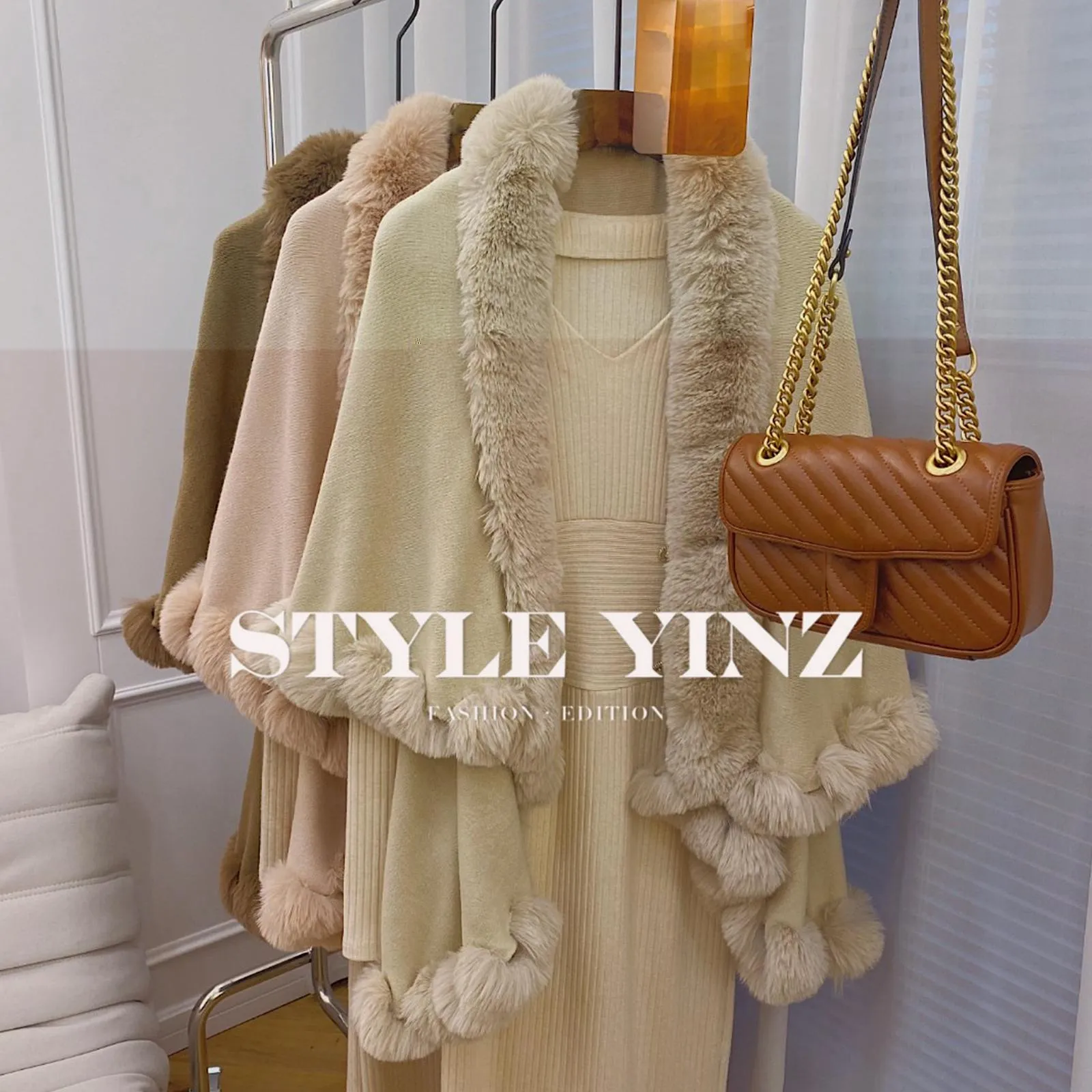 Faux Fur Collar Poncho Knitted Shawl Women's Fur Cloak Knitted Decor Balls Cardigan Shawl