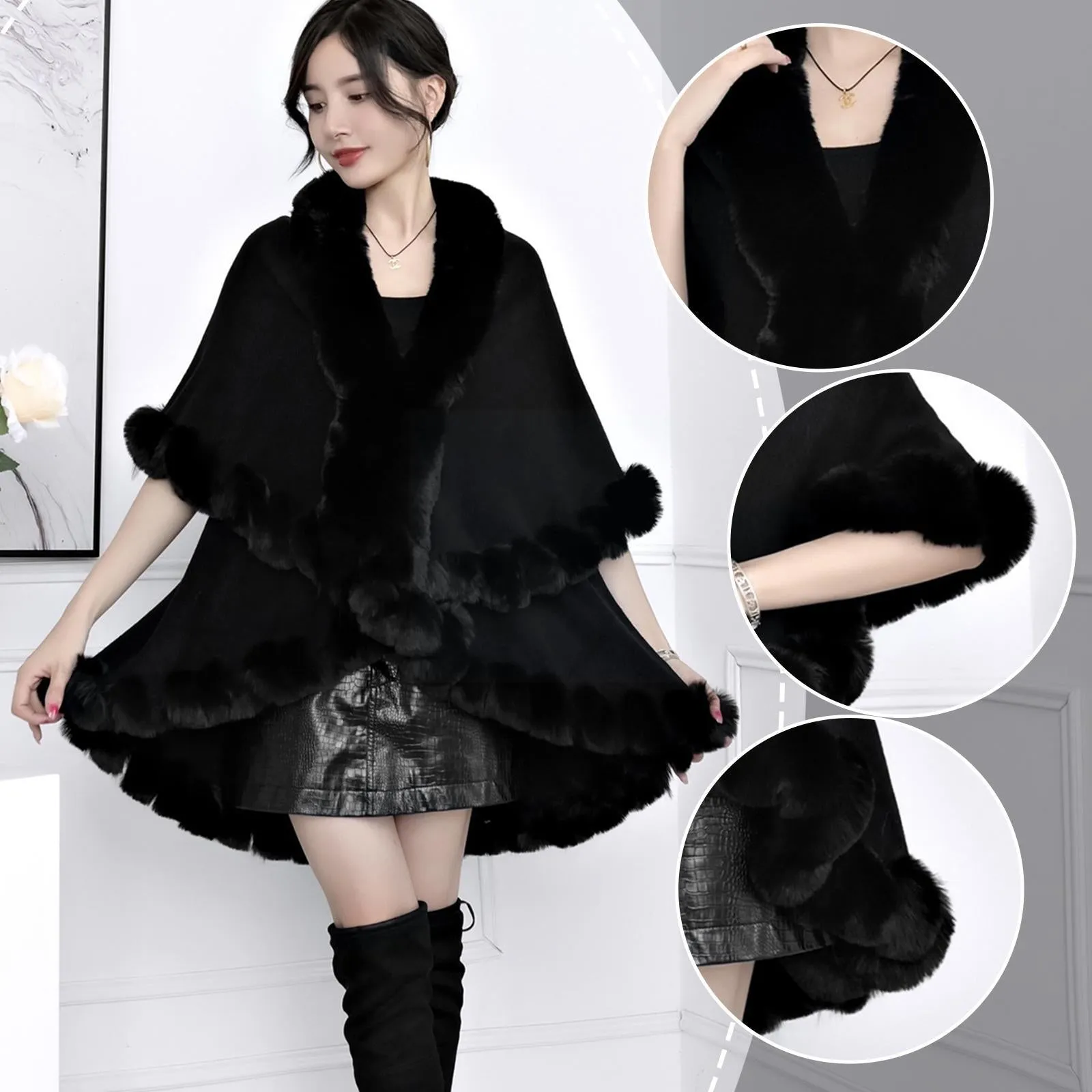Faux Fur Collar Poncho Knitted Shawl Women's Fur Cloak Knitted Decor Balls Cardigan Shawl