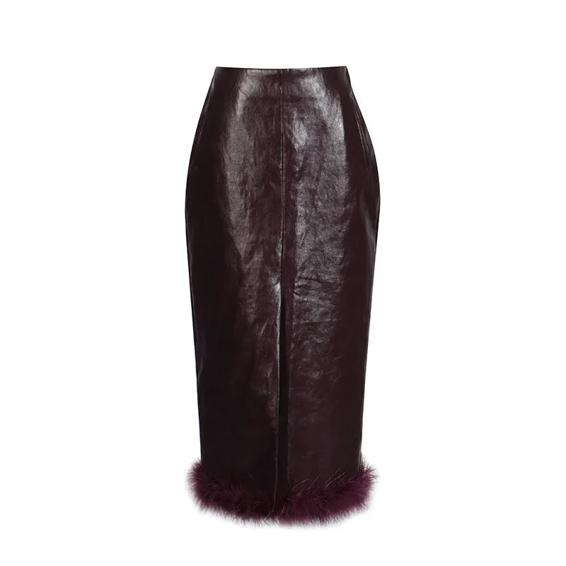 Feather Hem Faux Leather Pencil Skirt