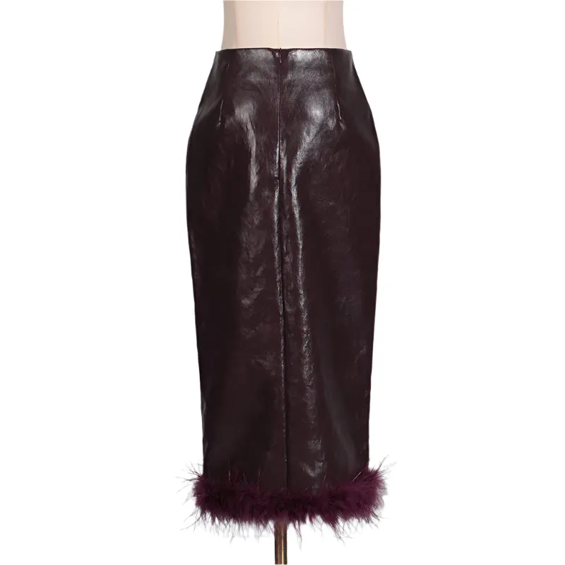 Feather Hem Faux Leather Pencil Skirt