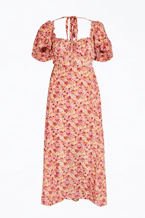 FELICIA FLORAL-PRINT TIE-BACK MIDI DRESS