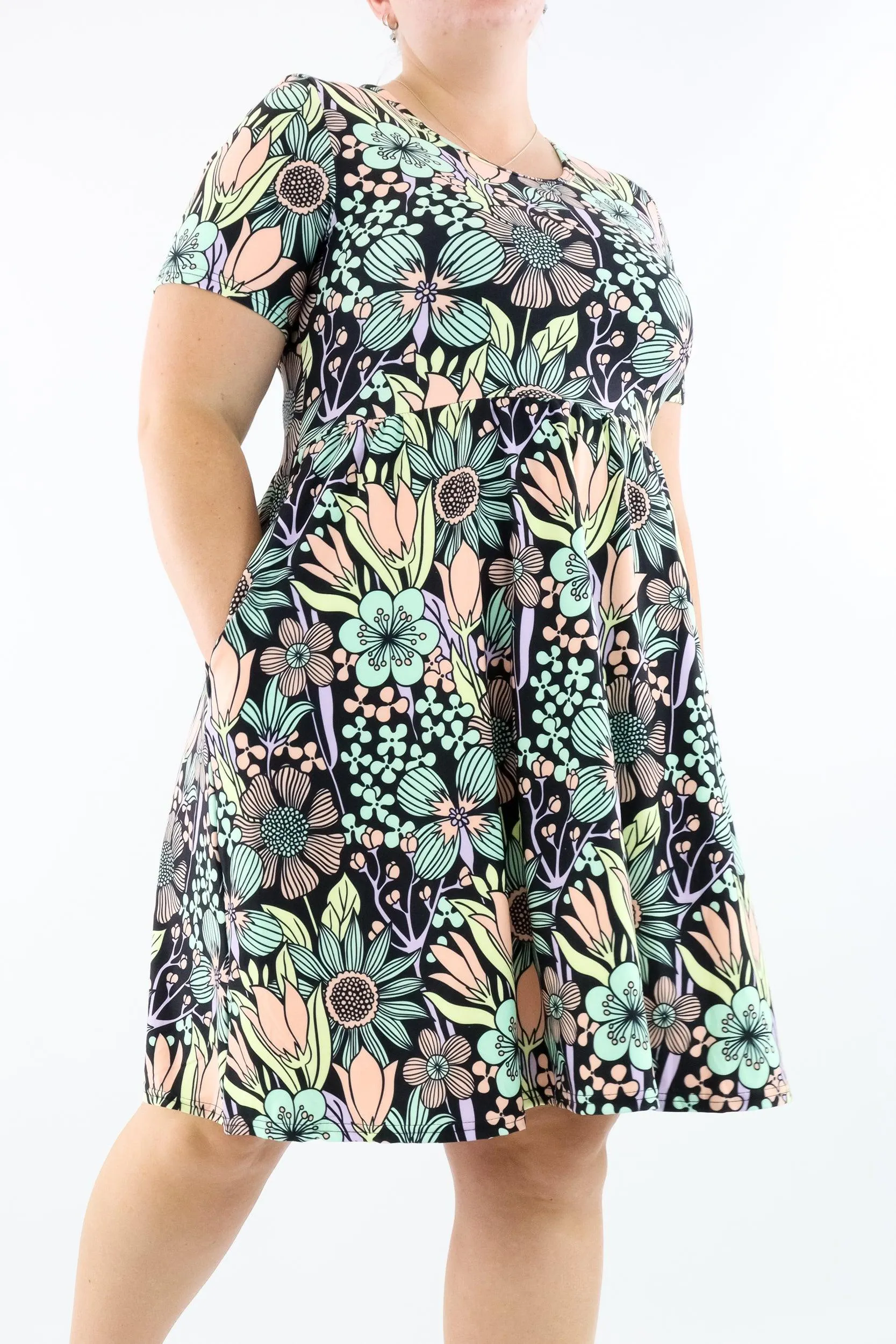 Flower Child - Short Sleeve Skater Dress - Knee Length - Side Pockets