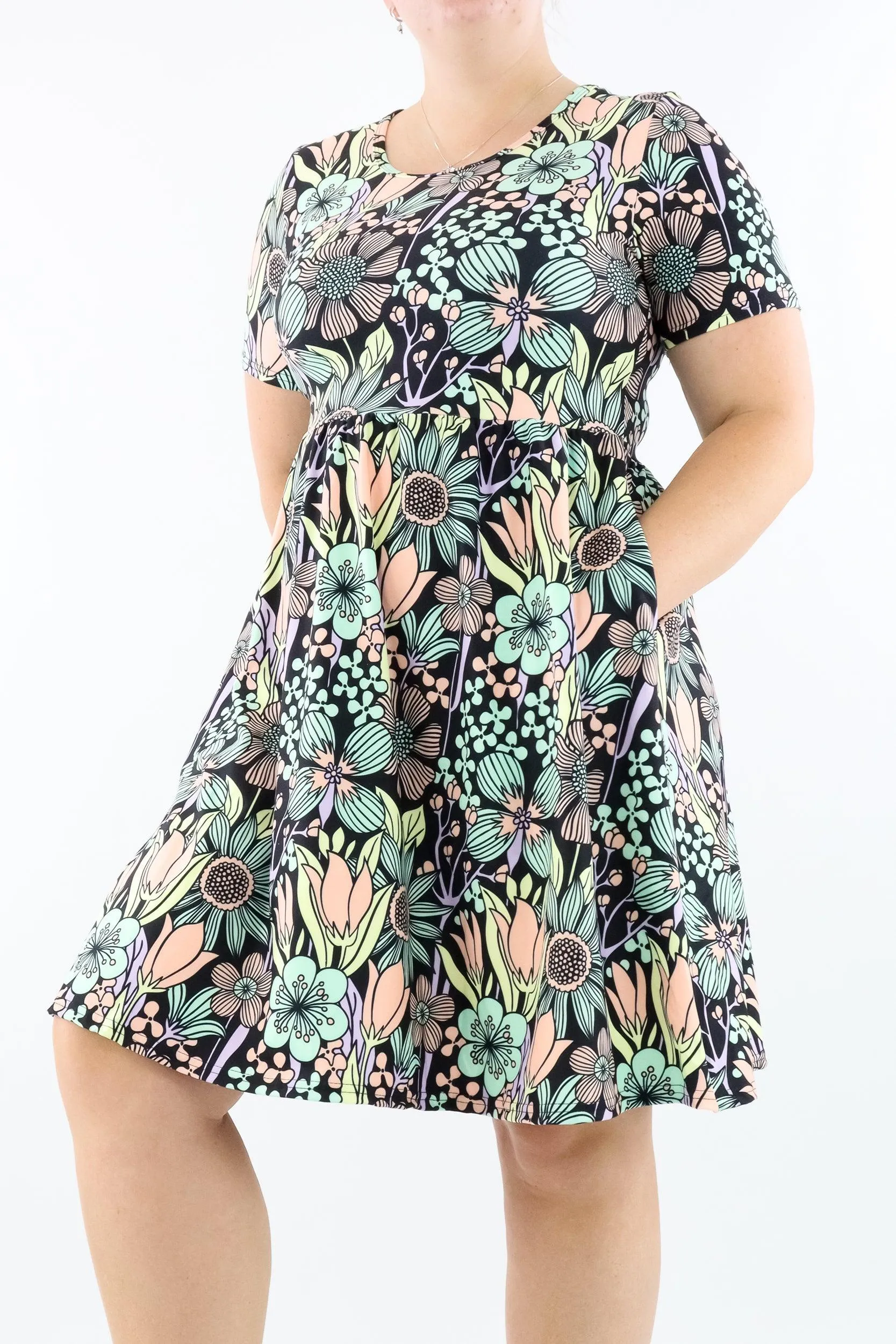 Flower Child - Short Sleeve Skater Dress - Knee Length - Side Pockets