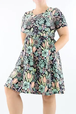Flower Child - Short Sleeve Skater Dress - Knee Length - Side Pockets