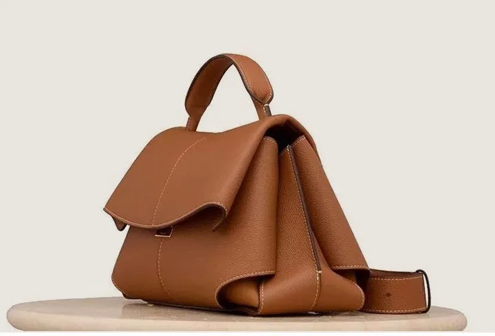 French Genuine Leather Pleated One-shoulder Handbag