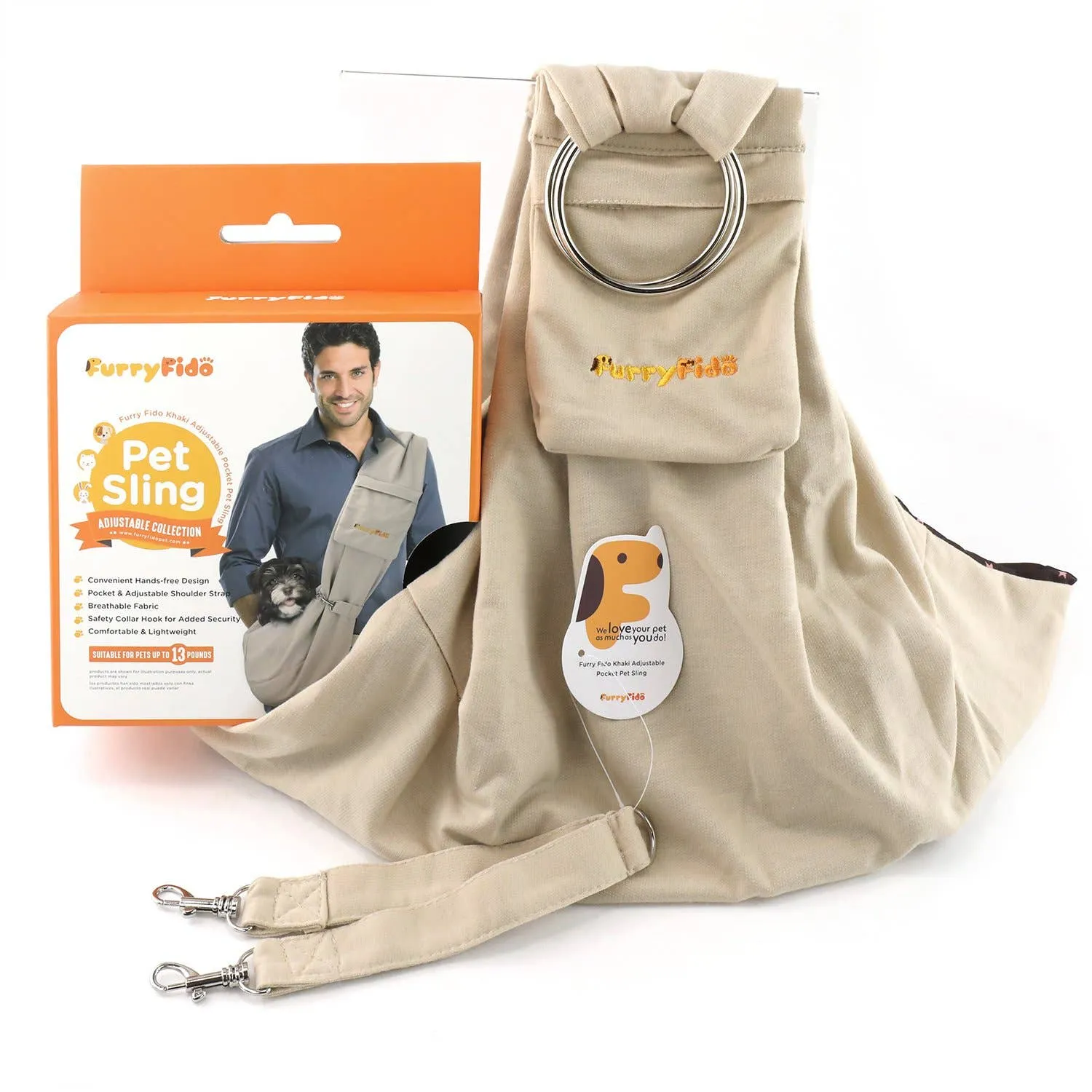Furry Fido Pet Supplies - Furry Fido Khaki Adjustable Pocket Pet Sling