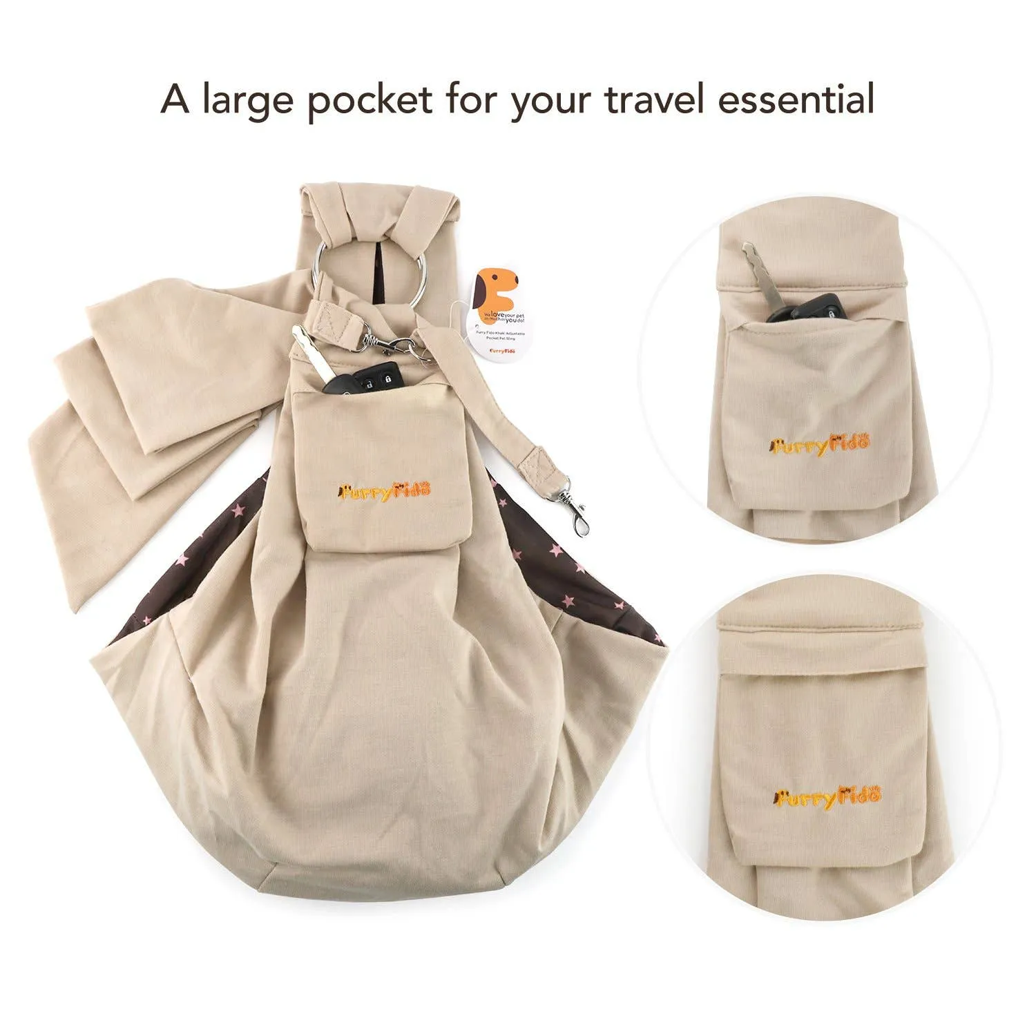 Furry Fido Pet Supplies - Furry Fido Khaki Adjustable Pocket Pet Sling
