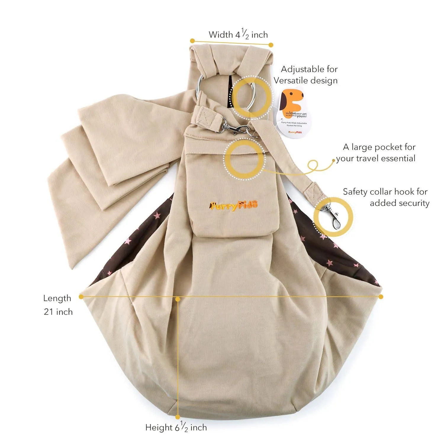 Furry Fido Pet Supplies - Furry Fido Khaki Adjustable Pocket Pet Sling