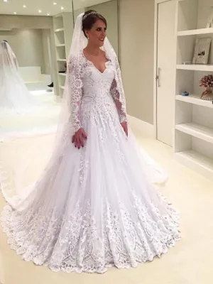 Gauze Back Long Sleeves Wedding Dress