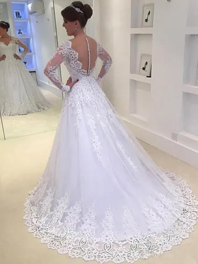 Gauze Back Long Sleeves Wedding Dress