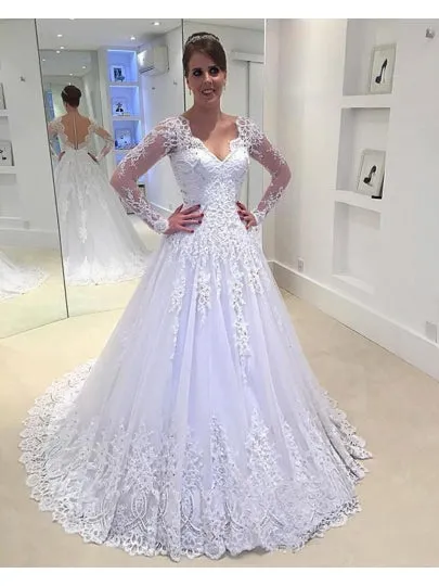 Gauze Back Long Sleeves Wedding Dress