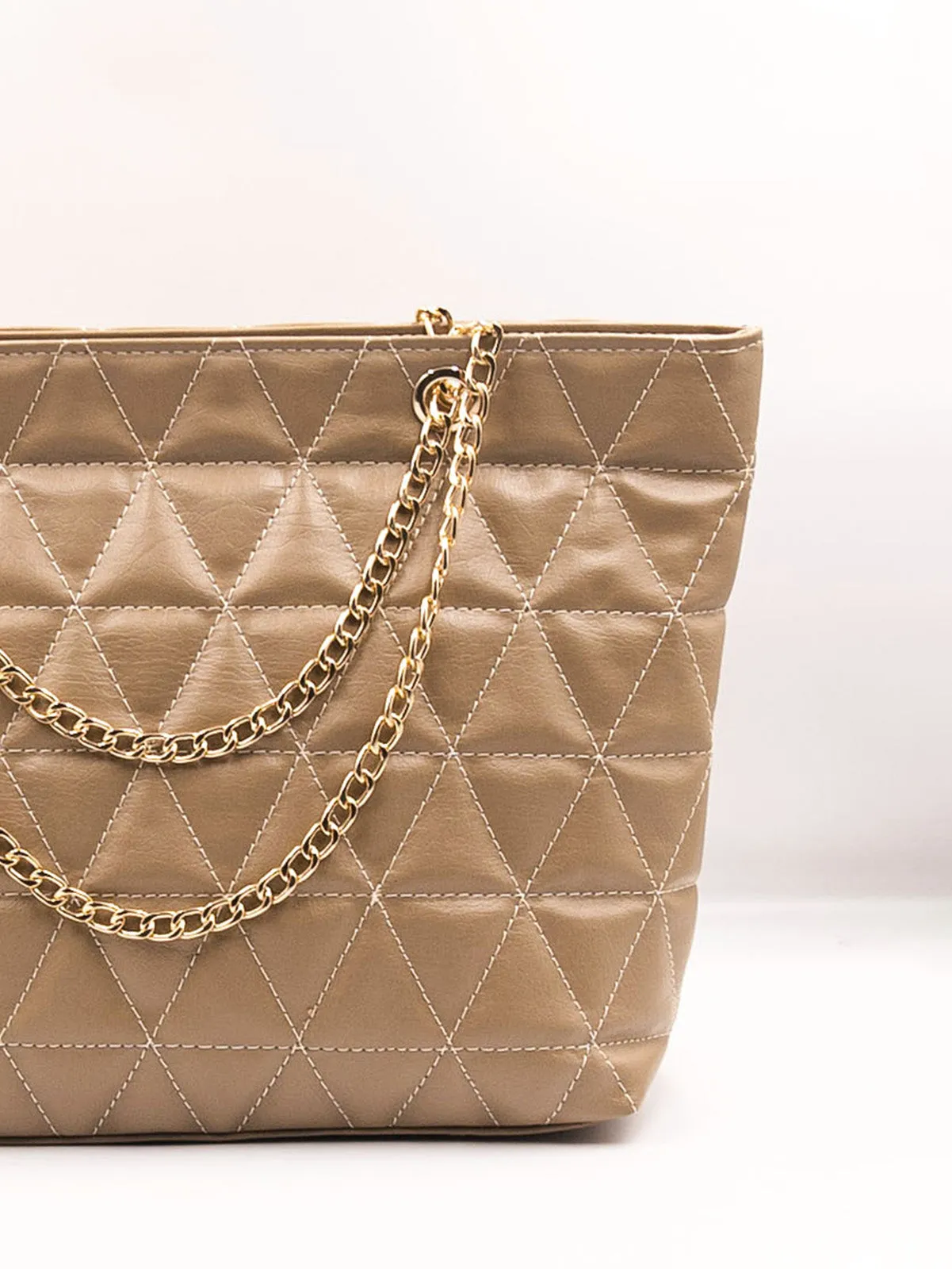 Geometric Pattern Quilted Chain Tote Bag - Khaaki - FD ⚡