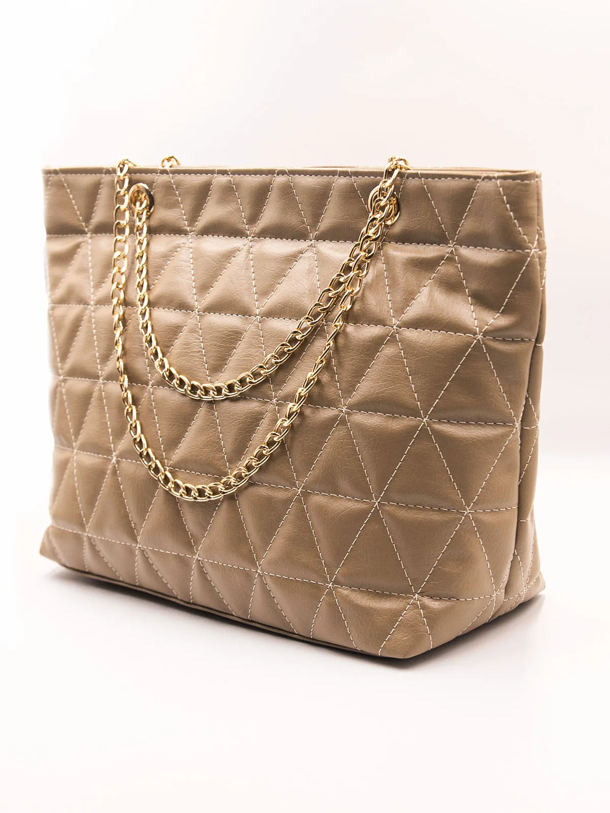 Geometric Pattern Quilted Chain Tote Bag - Khaaki - FD ⚡