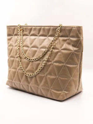 Geometric Pattern Quilted Chain Tote Bag - Khaaki - FD ⚡