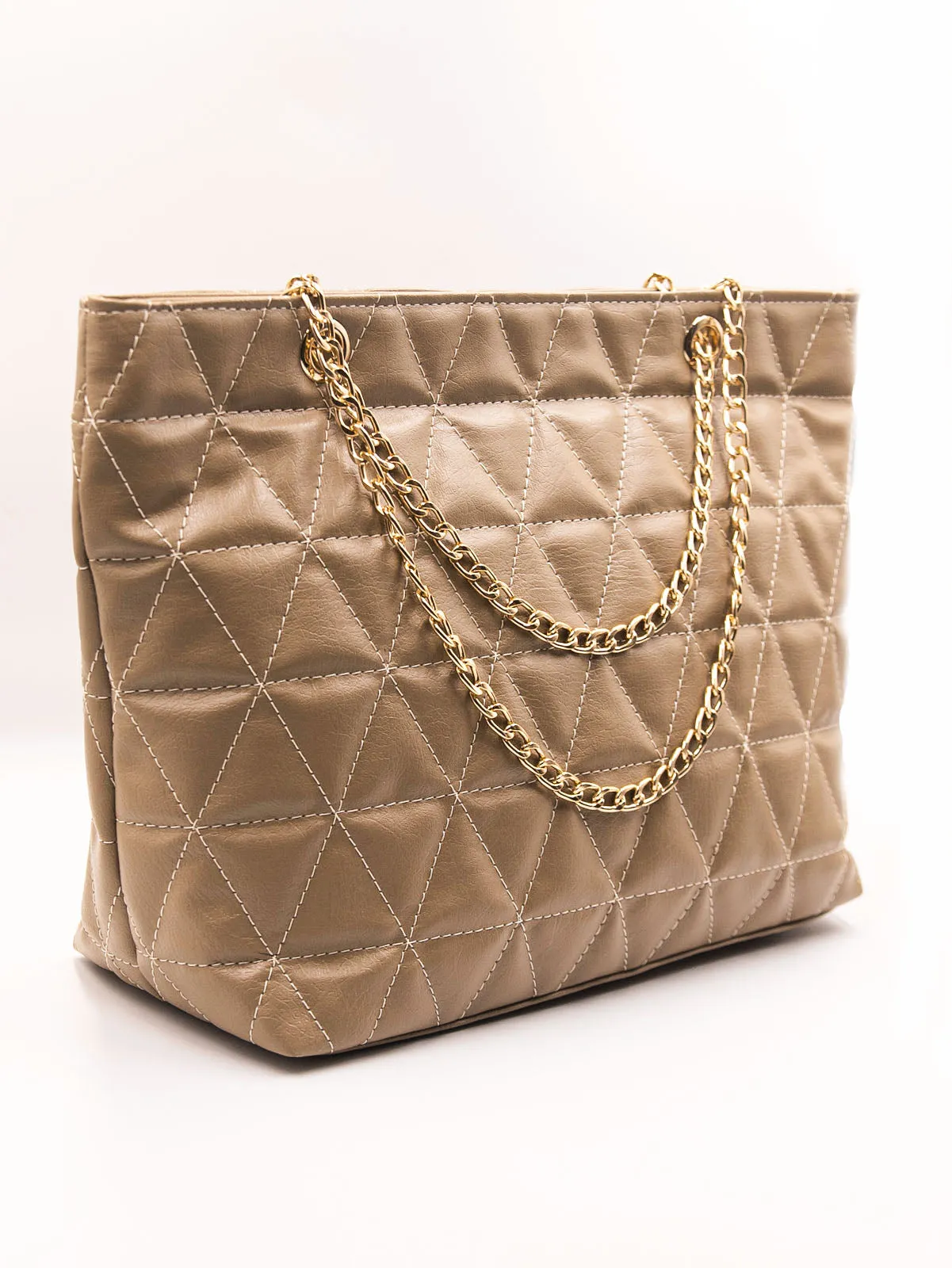 Geometric Pattern Quilted Chain Tote Bag - Khaaki - FD ⚡