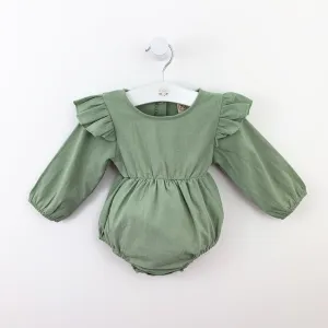 Girls Flutter Shoulder Romper- Soft Sage