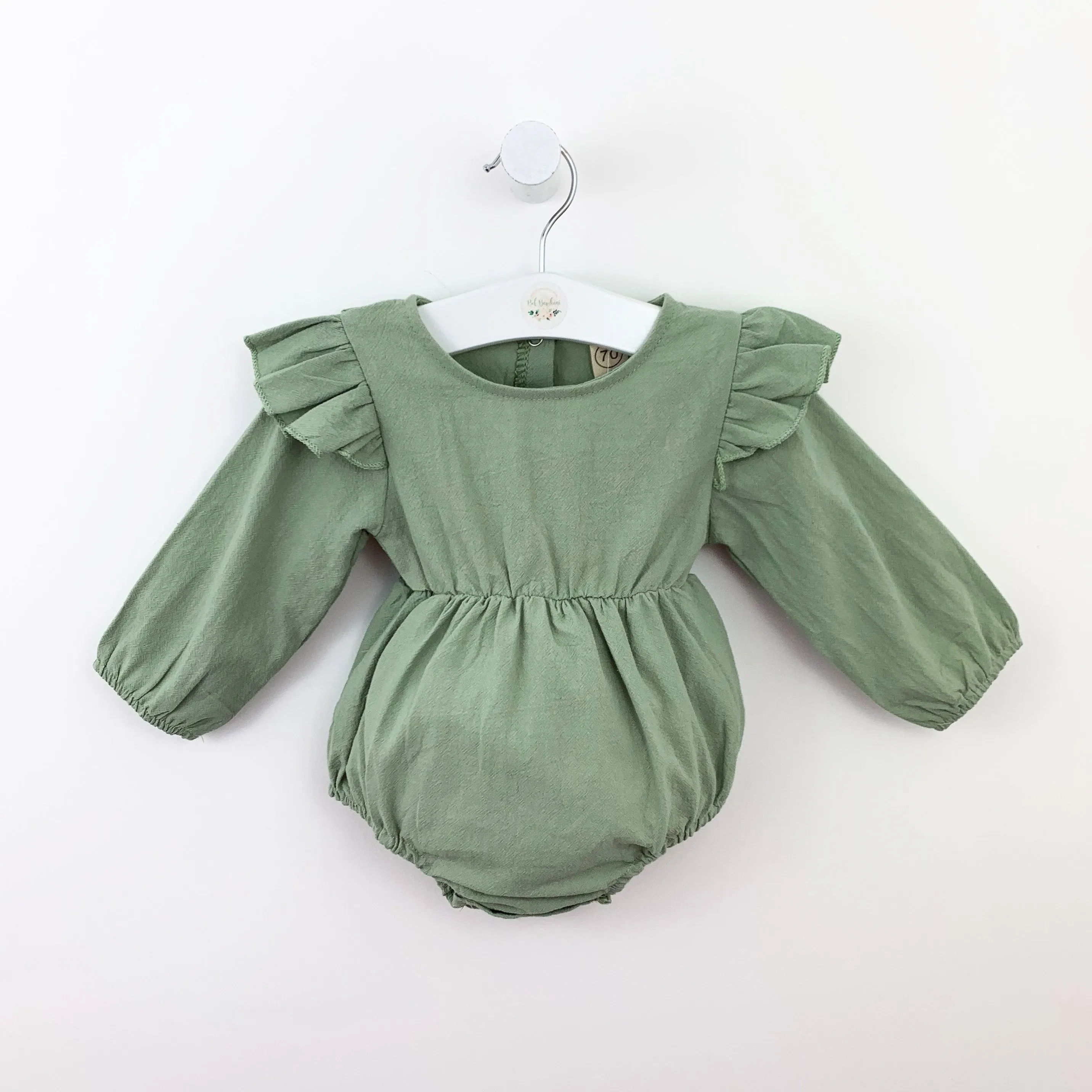Girls Flutter Shoulder Romper- Soft Sage