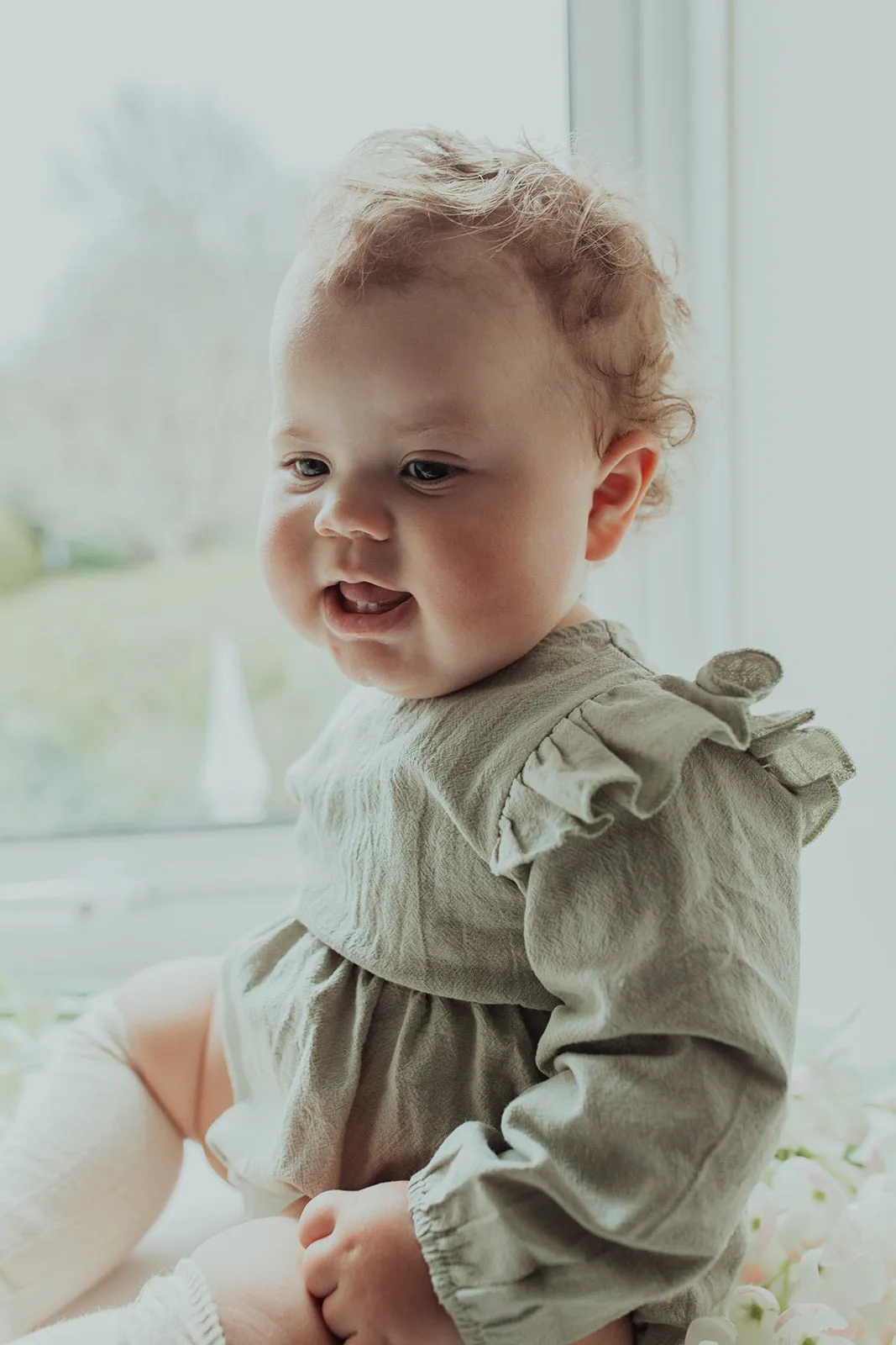 Girls Flutter Shoulder Romper- Soft Sage