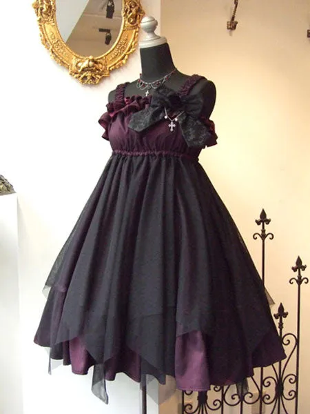 Gothic Lolita JSK Ruffle Pleated Two Tone Tulle Black Lolita Jumper Skirt