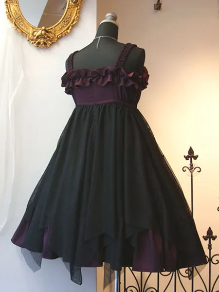 Gothic Lolita JSK Ruffle Pleated Two Tone Tulle Black Lolita Jumper Skirt