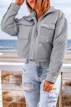 Gray Green Quilted Pocketed Zip-up Cropped Jacket