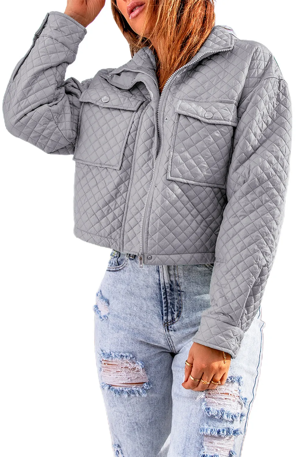 Gray Green Quilted Pocketed Zip-up Cropped Jacket