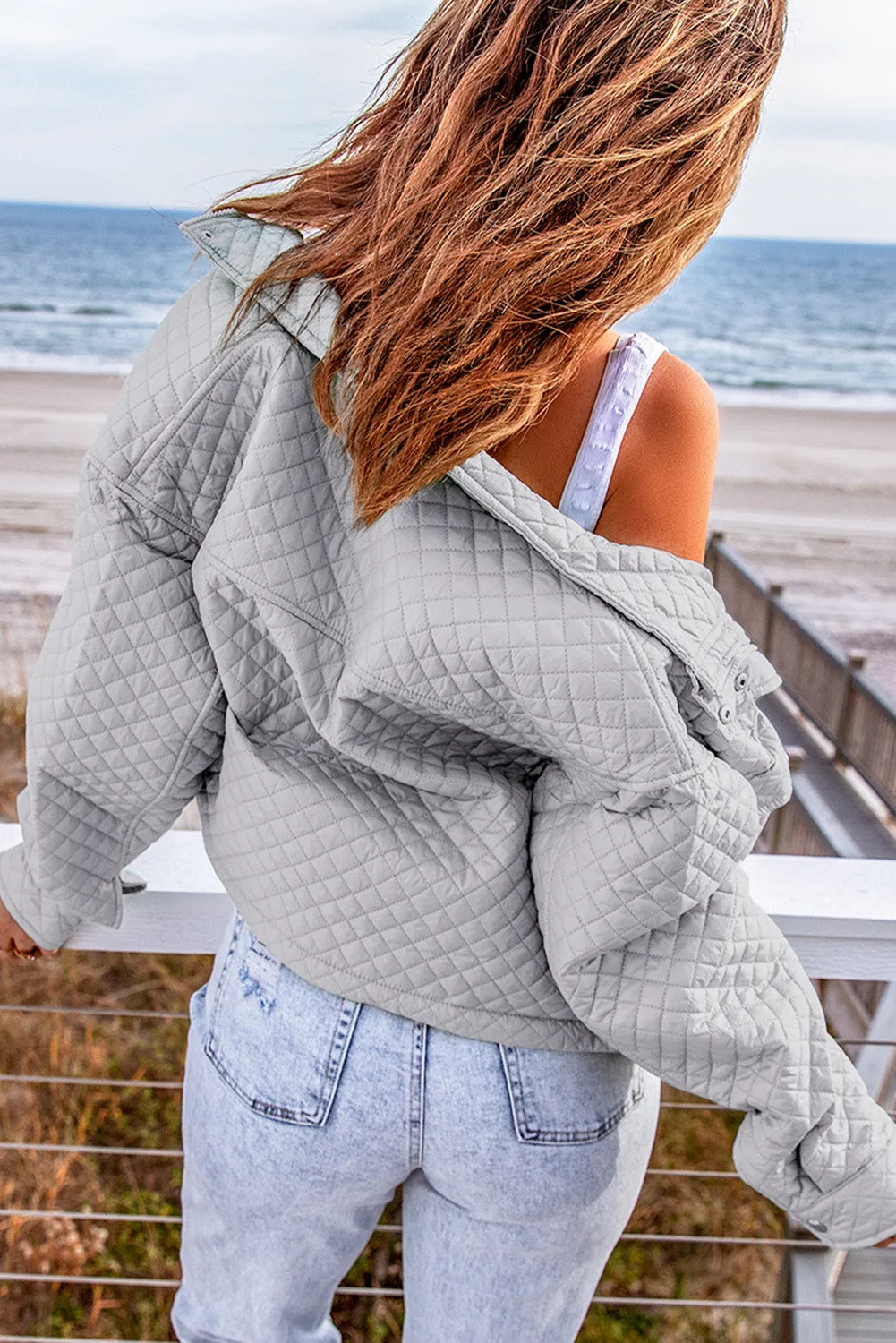 Gray Green Quilted Pocketed Zip-up Cropped Jacket