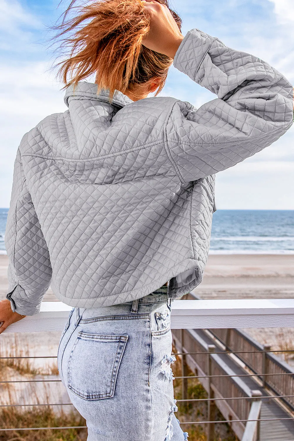 Gray Green Quilted Pocketed Zip-up Cropped Jacket