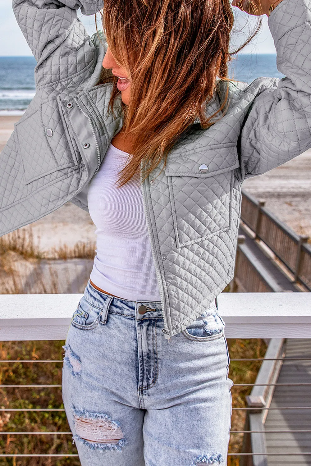 Gray Green Quilted Pocketed Zip-up Cropped Jacket