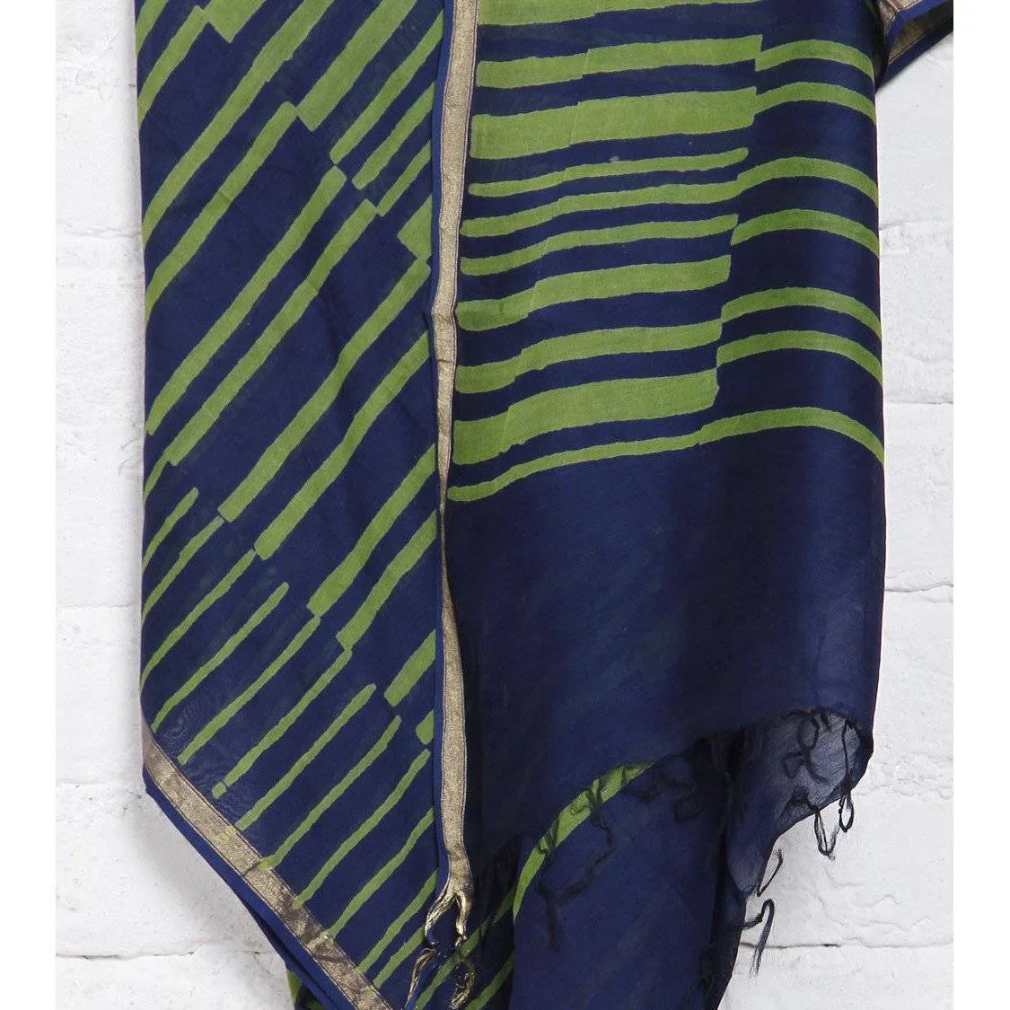 Green & Blue Block Printed Cotton Silk Dupatta