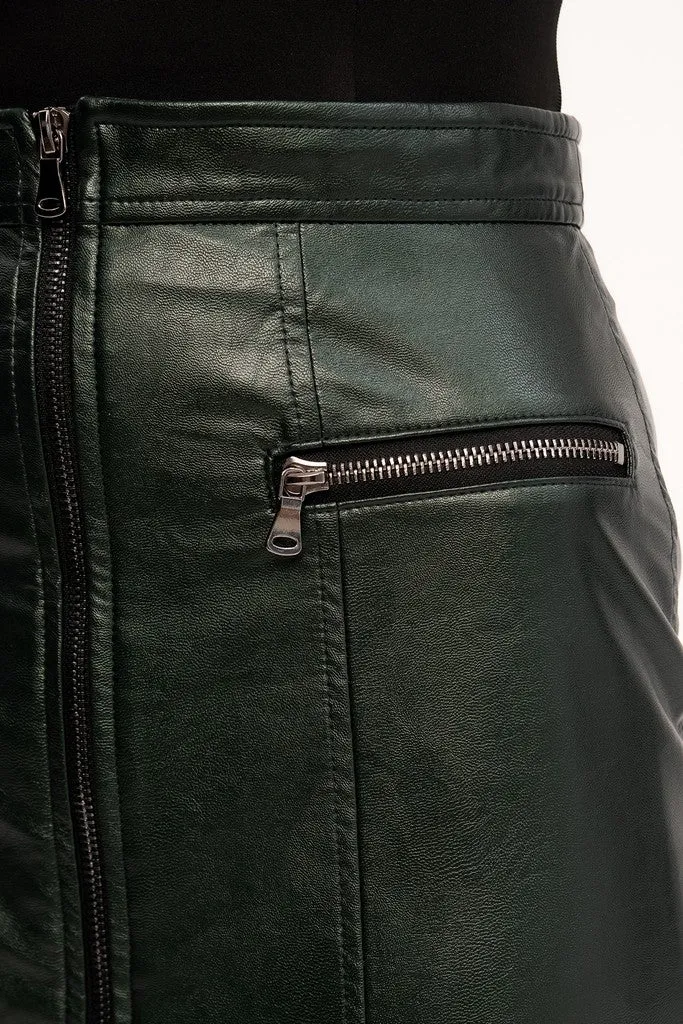 Green Party Below Knee Solid Color Pencil Front Metal Zipper Skirt