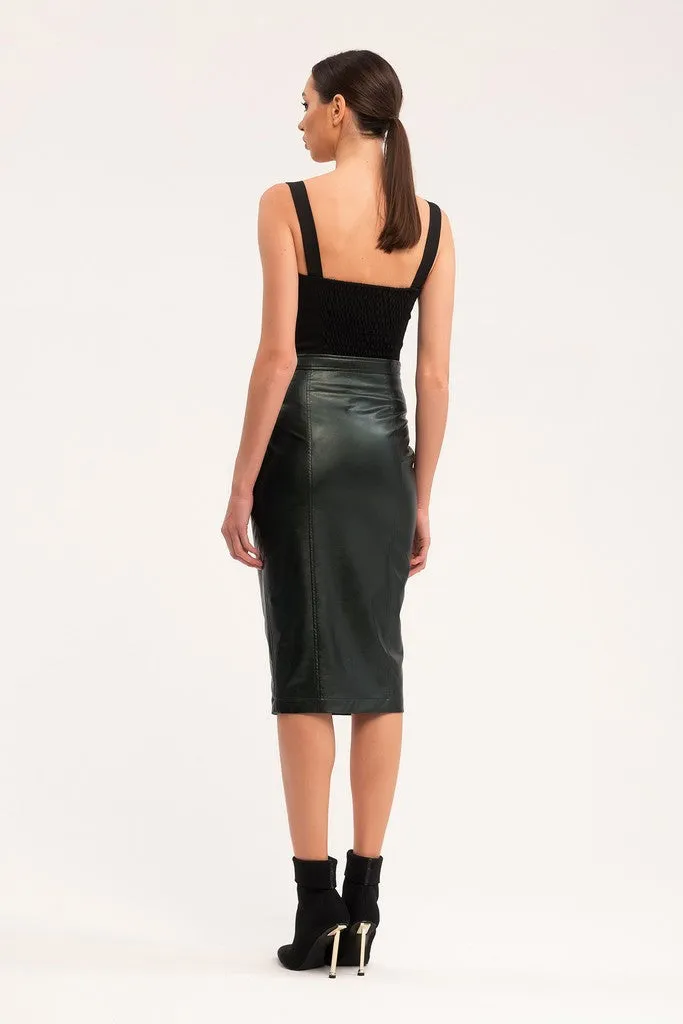 Green Party Below Knee Solid Color Pencil Front Metal Zipper Skirt