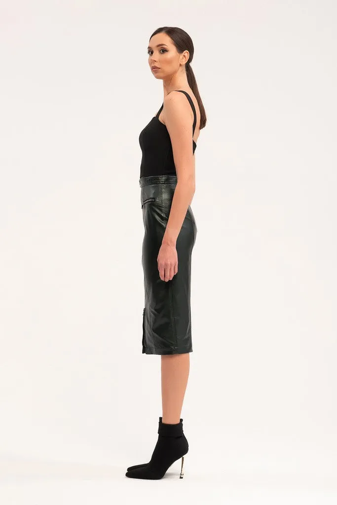 Green Party Below Knee Solid Color Pencil Front Metal Zipper Skirt