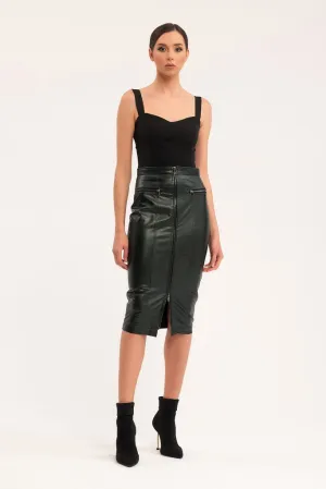 Green Party Below Knee Solid Color Pencil Front Metal Zipper Skirt