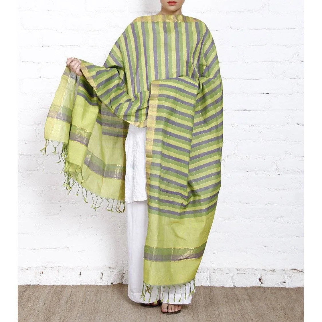 Grey Cotton Dupatta with Zari Border
