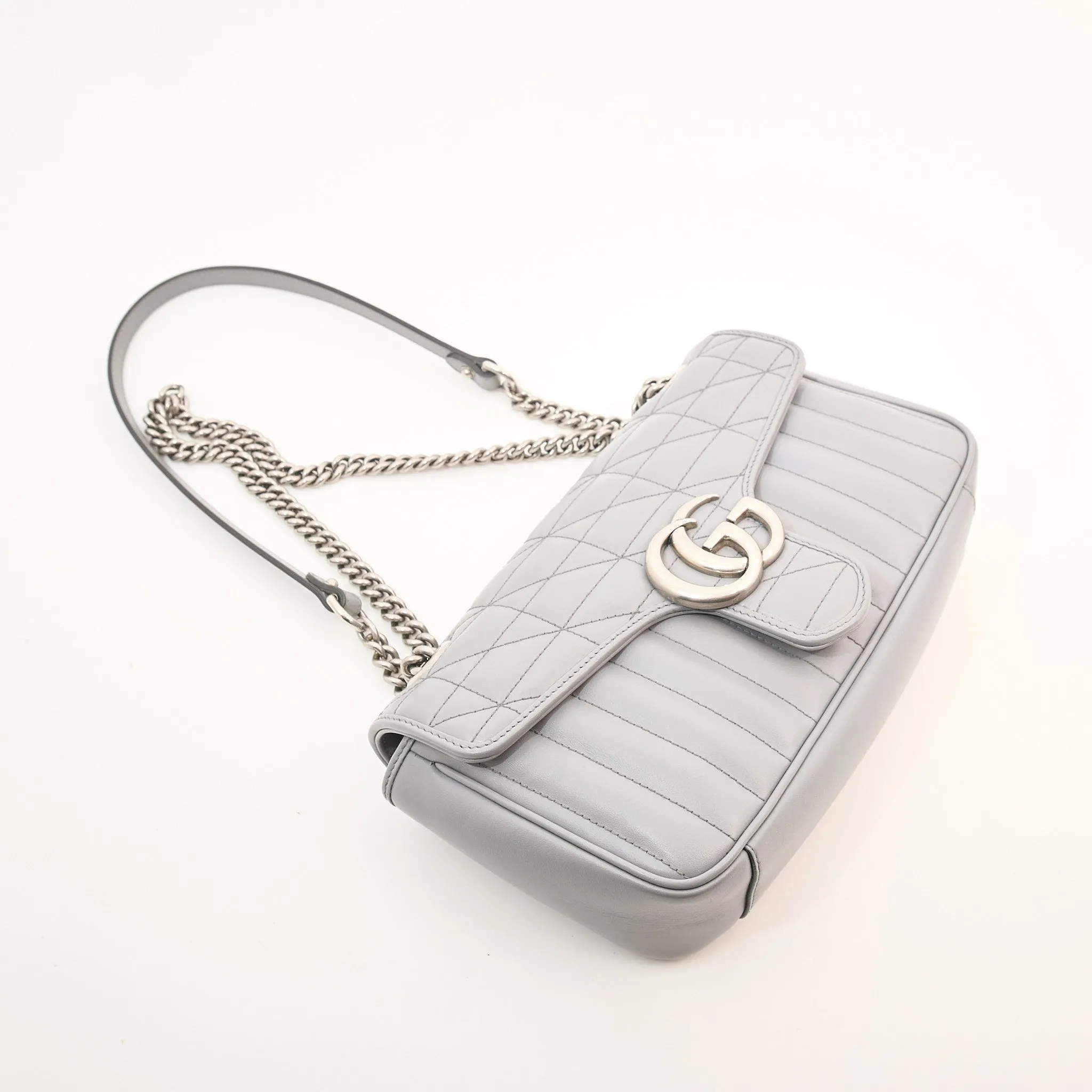 Gucci GG Marmont Flap Bag Grey Matelasse Leather Small