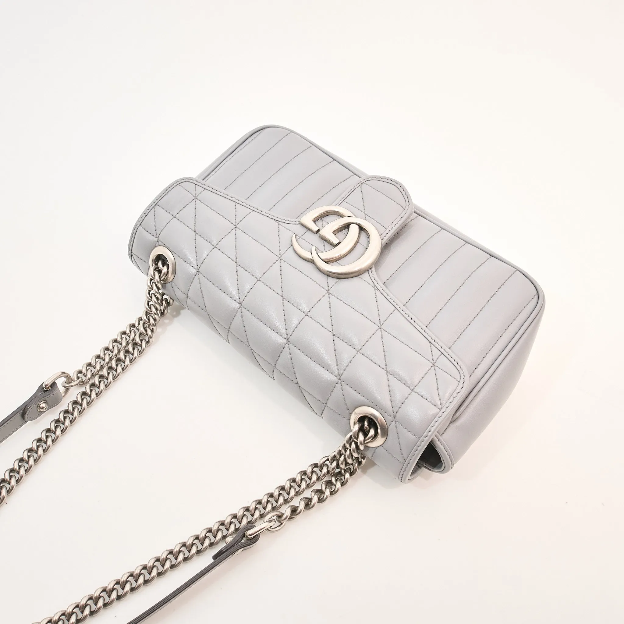 Gucci GG Marmont Flap Bag Grey Matelasse Leather Small