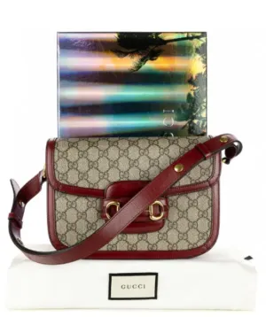 GUCCI Horsebit 1955 Dark red leather-trimmed printed coated-canvas shoulder bag