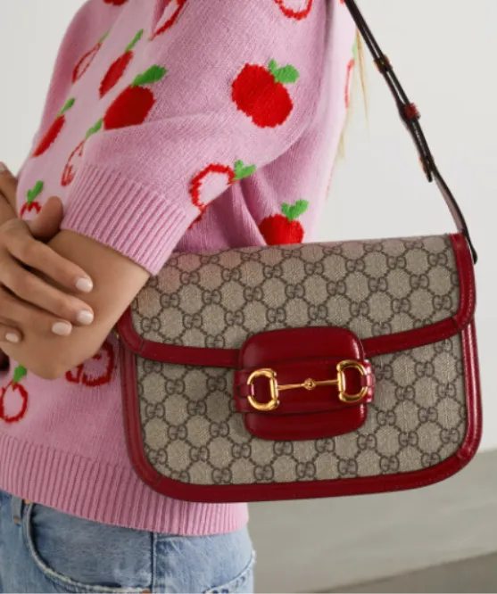 GUCCI Horsebit 1955 Dark red leather-trimmed printed coated-canvas shoulder bag