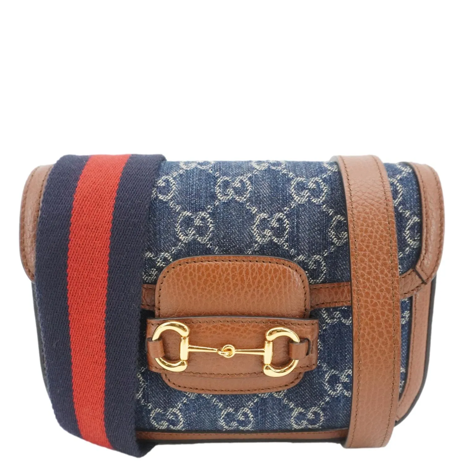 GUCCI Horsebit 1955 Flap Mini Denim Shoulder Bag Blue 658574