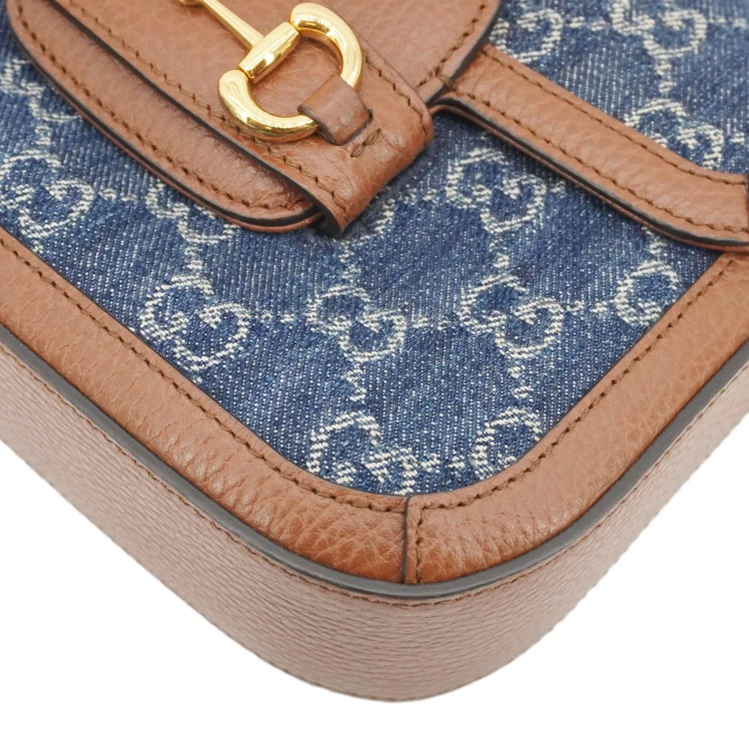 GUCCI Horsebit 1955 Flap Mini Denim Shoulder Bag Blue 658574