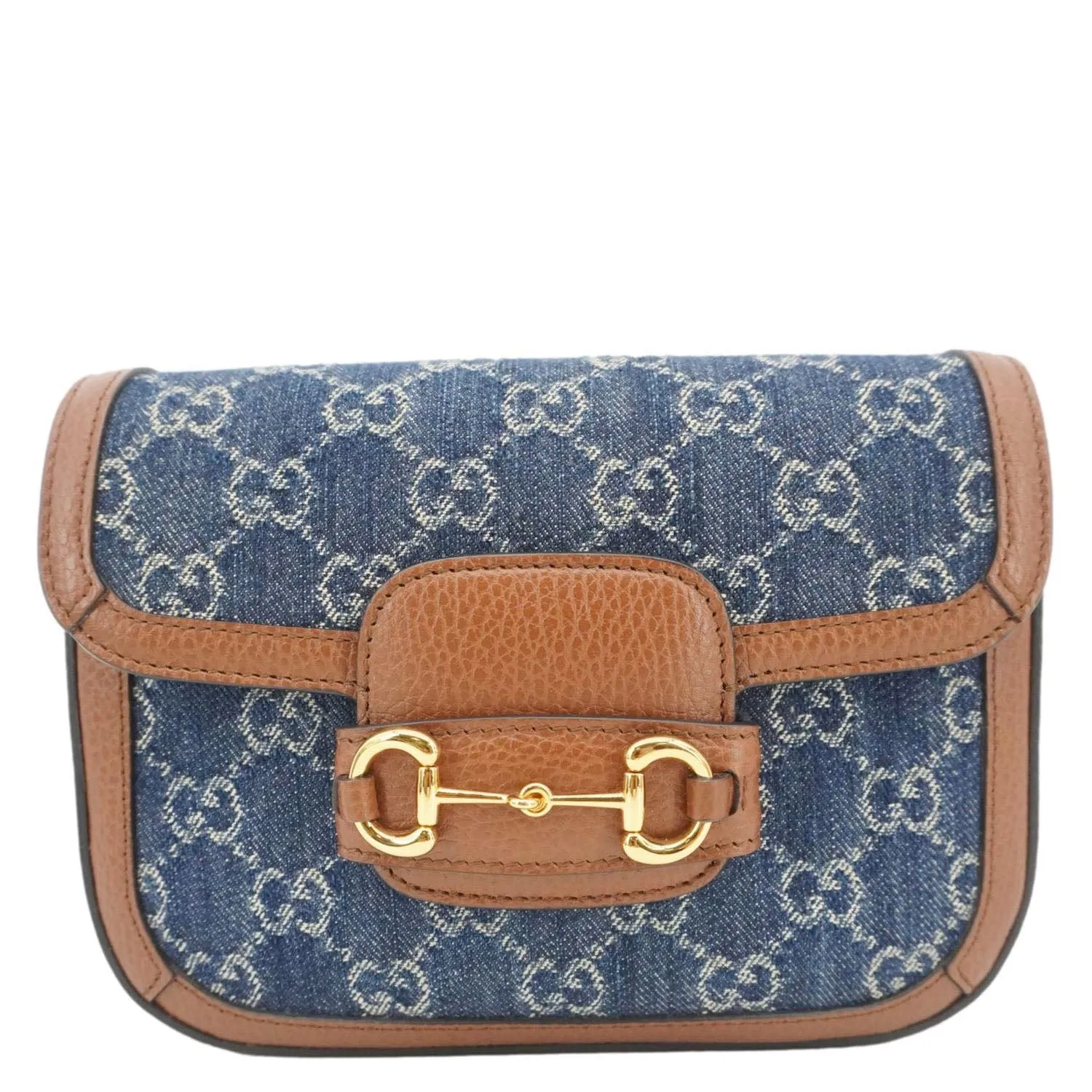 GUCCI Horsebit 1955 Flap Mini Denim Shoulder Bag Blue 658574