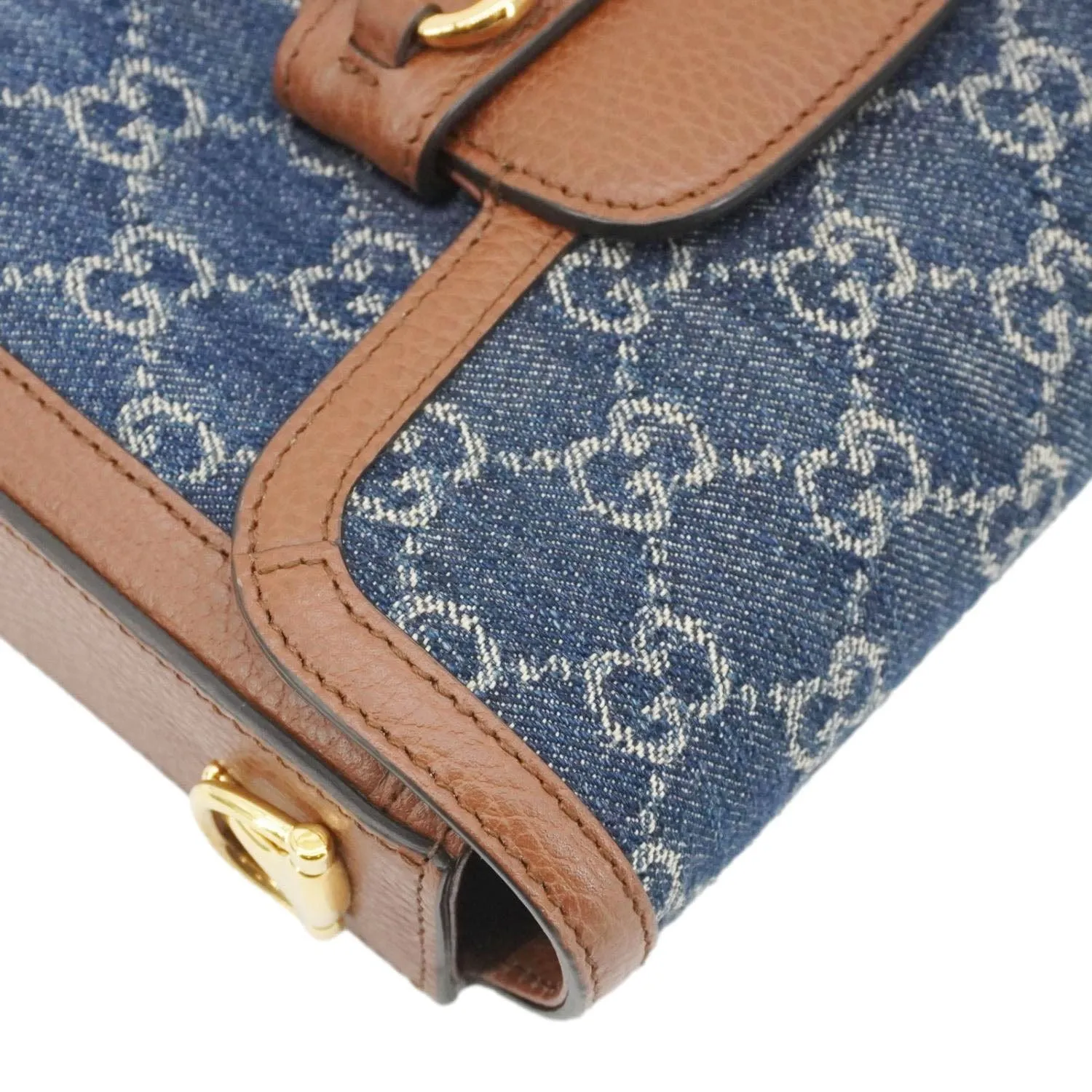 GUCCI Horsebit 1955 Flap Mini Denim Shoulder Bag Blue 658574