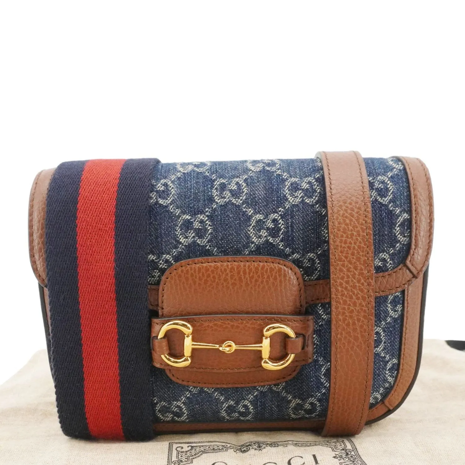 GUCCI Horsebit 1955 Flap Mini Denim Shoulder Bag Blue 658574