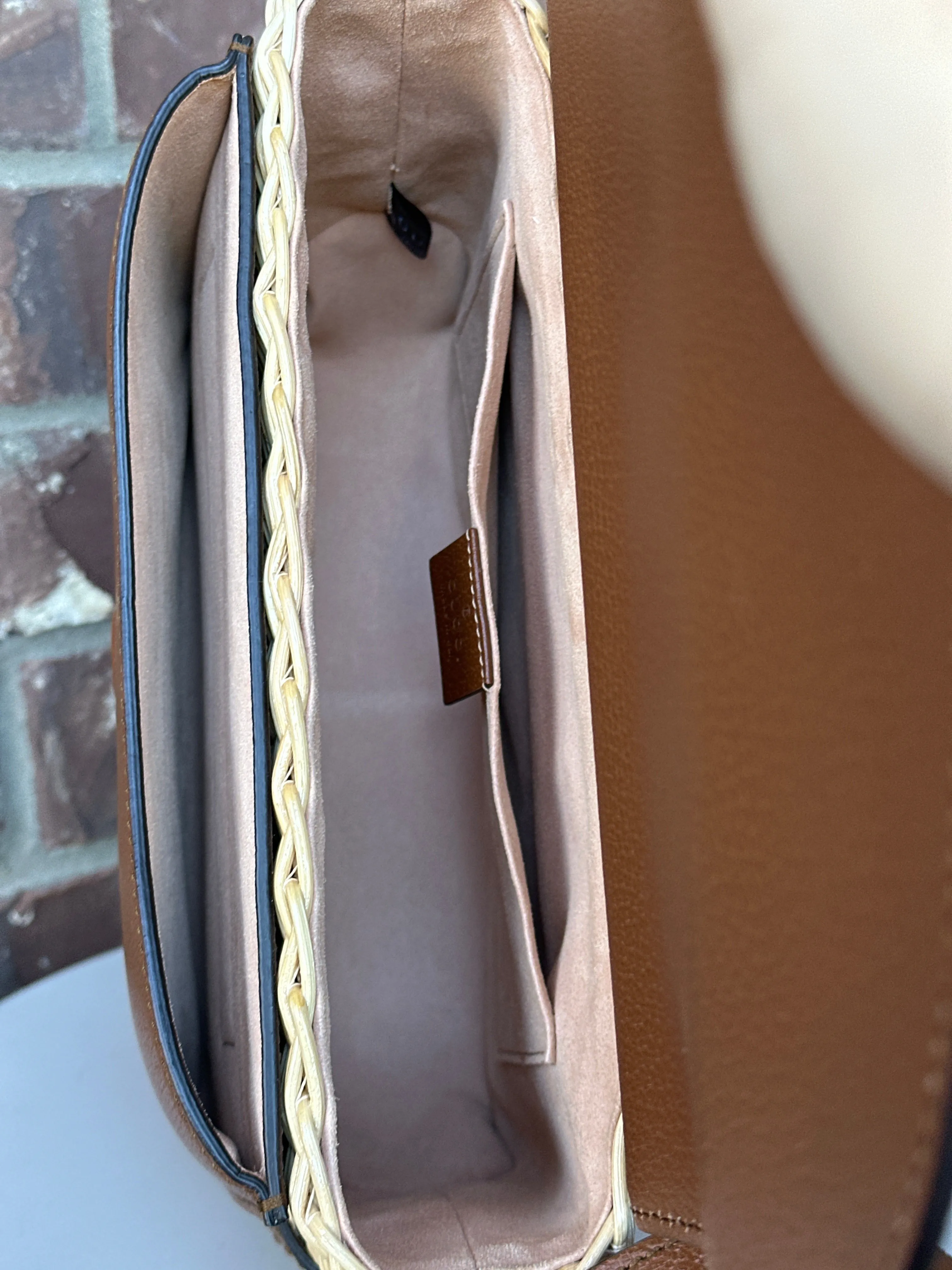 Gucci Interlocking G Patch Flap Shoulder Bag Wicker and Leather Small 44456