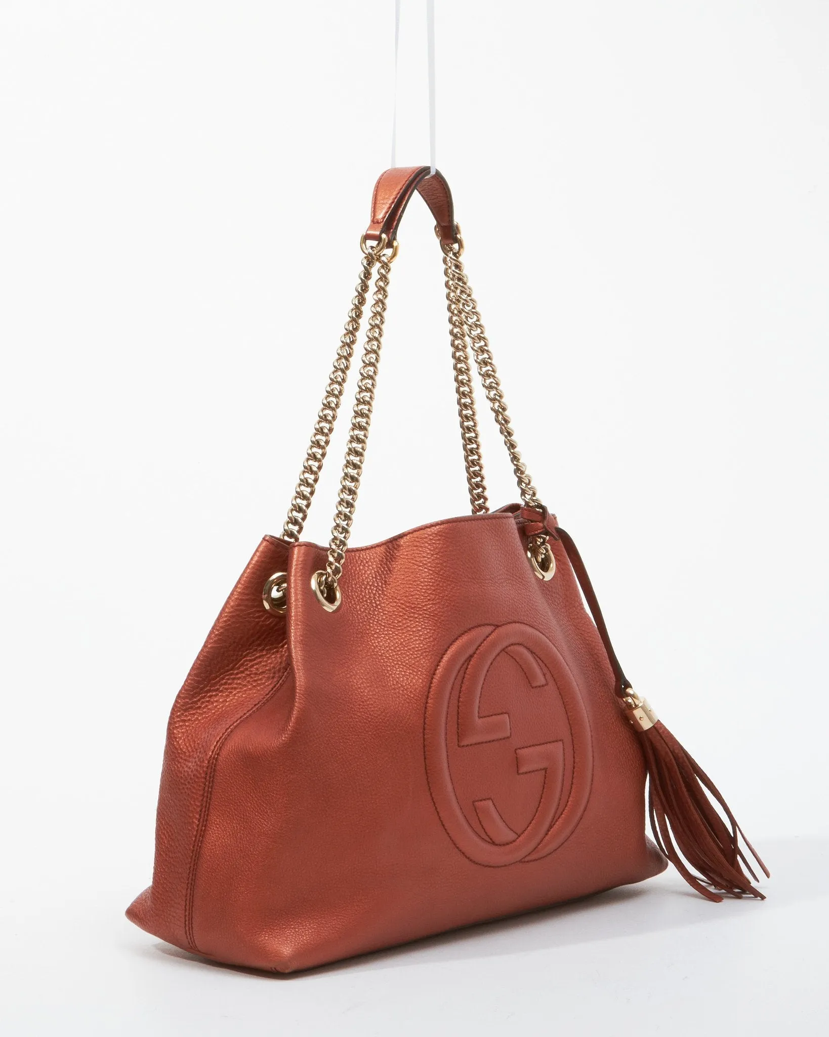 Gucci Metallic Burnt Orange Pebbled Leather Chain Soho Medium Tote Bag