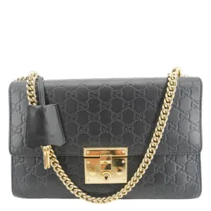 GUCCI Padlock Medium Leather Chain Shoulder Bag Black 409486