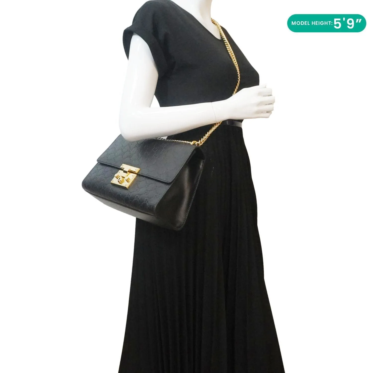 GUCCI Padlock Medium Leather Chain Shoulder Bag Black 409486